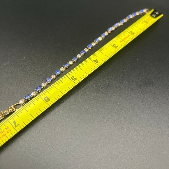 Vintage Gold Plated Tennis Bracelet – Blue & Clear Rhinestones, 7.5” - Picture 14 of 14